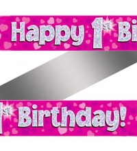 1st Birthday Pink Holographic Banner