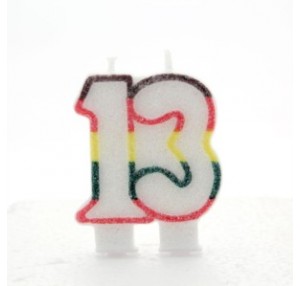 Multicoloured Striped Glitter Number 13 Candle