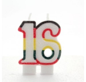 Multicoloured Striped Glitter Number 16 Candle